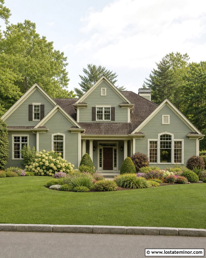 Sage Green House With Cream Trim And Curved Flower Beds - 30 Sage Green House Design With Front Yard Ideas