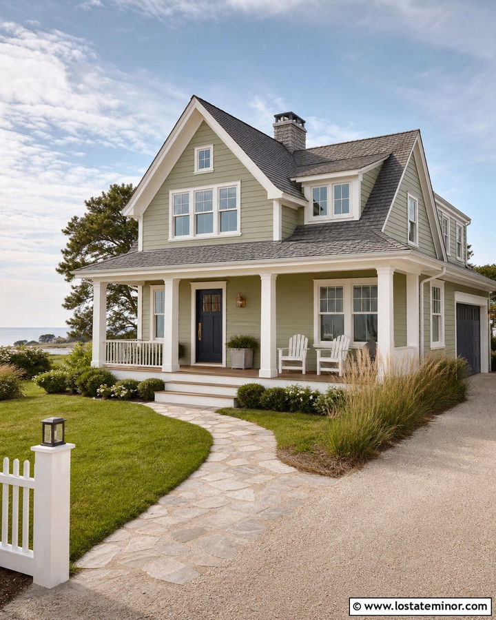 Sage Green House With Cream Trim And Navy Door - 30 Sage Green House Design With Trim Ideas
