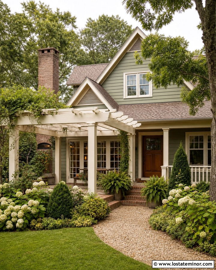Sage Green House With Cream Trim And Painted Pergola - 30 Sage Green House Design With Pergola Ideas