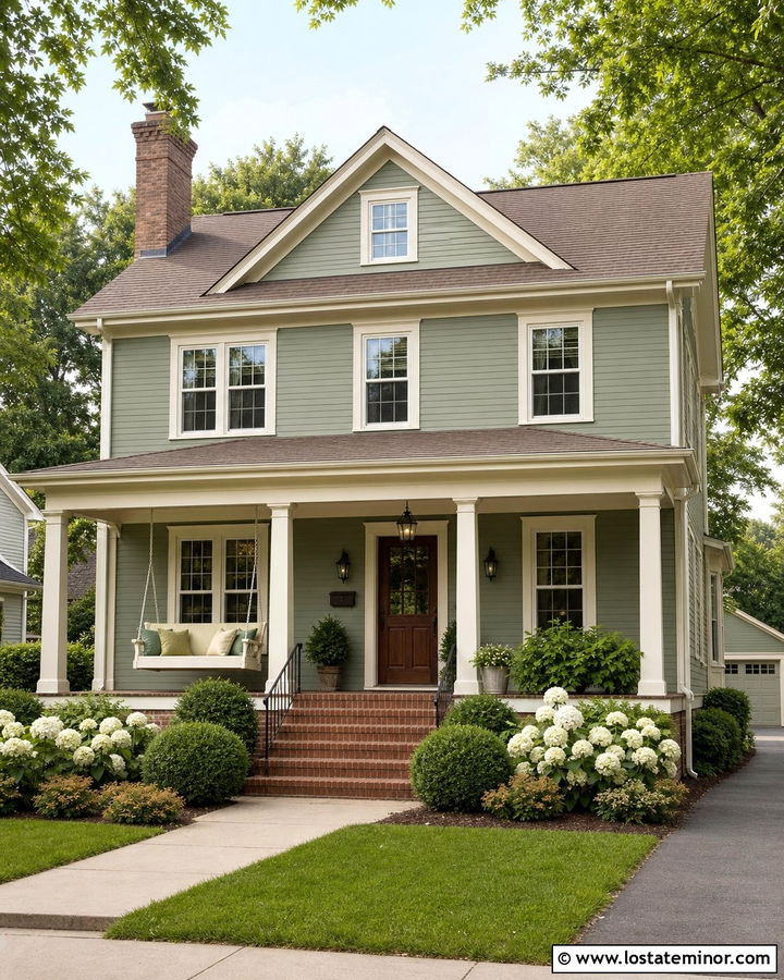Sage Green House With Cream Trim And Swing - 30 Sage Green House Design With Swing Ideas