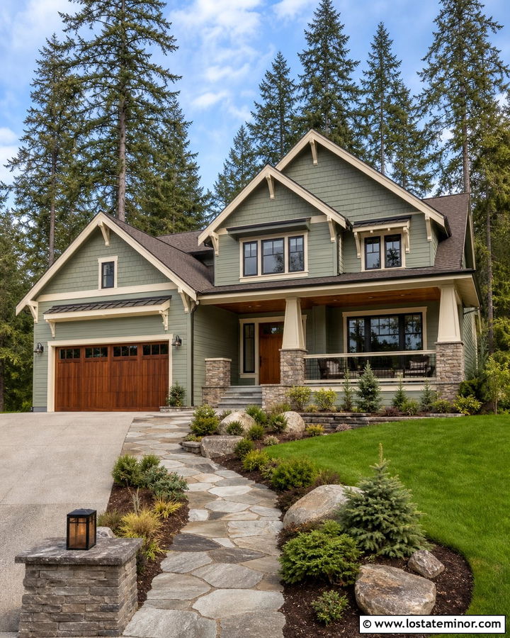 Sage Green House With Cream Trim And Wood Garage Door - 30 Sage Green House Design With Trim Ideas
