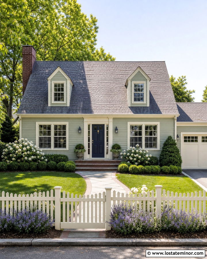 Sage Green House With Cream Vinyl Fence - 30 Sage Green House Design With Fence Ideas
