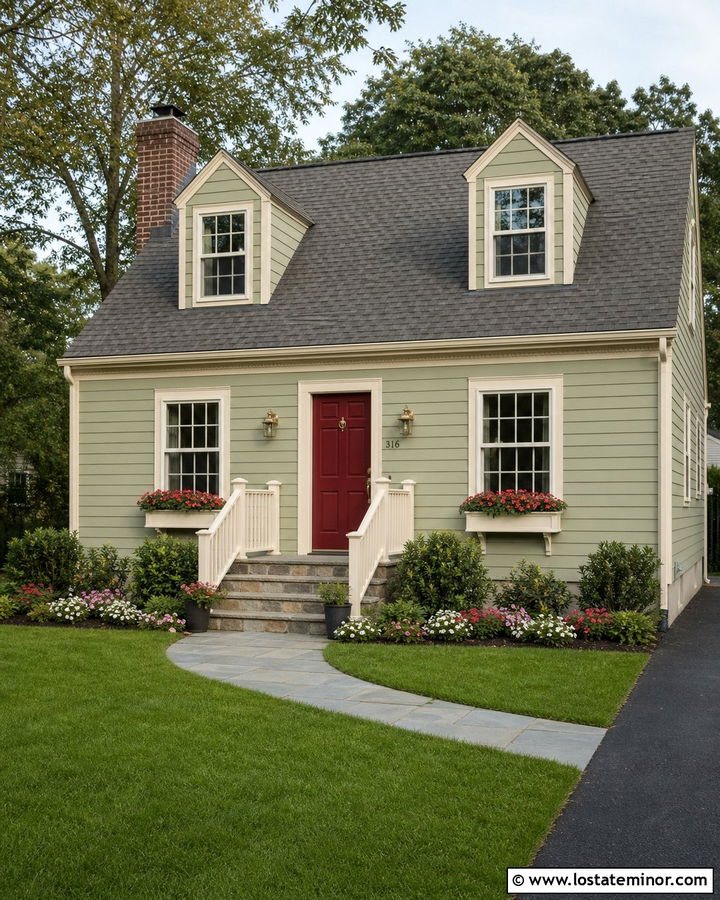 Sage Green House With Cream Window Frames And A Red Door - 30 Sage Green House Design With Window Frames Ideas