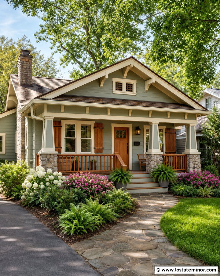 Sage Green House With Cream Window Frames And Wood Shutters - 30 Sage Green House Design With Window Frames Ideas