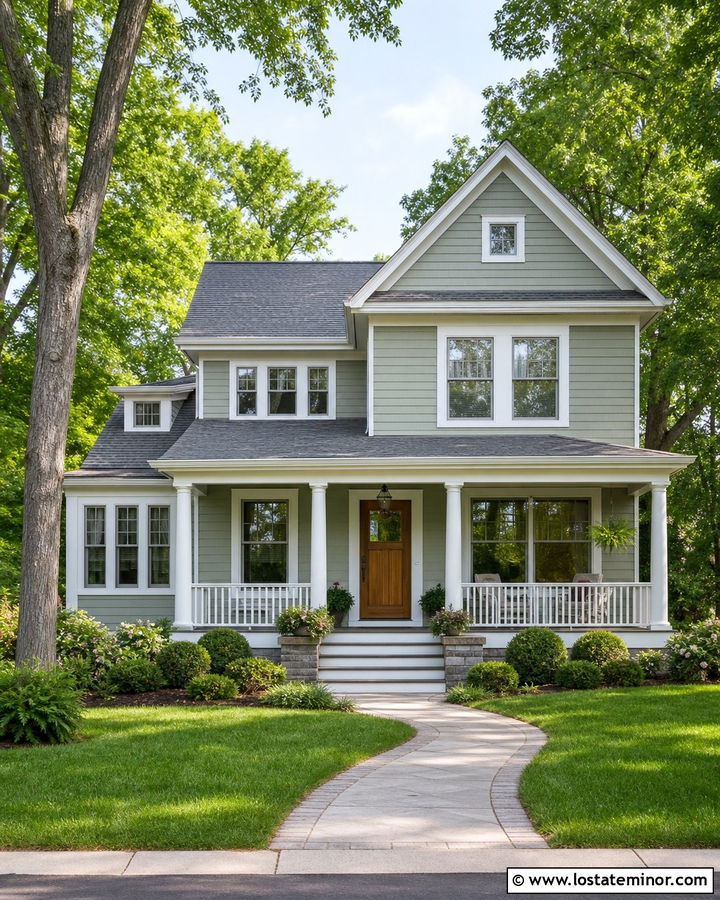 Sage Green House With Crisp White Trim - 30 Sage Green House Design With Trim Ideas