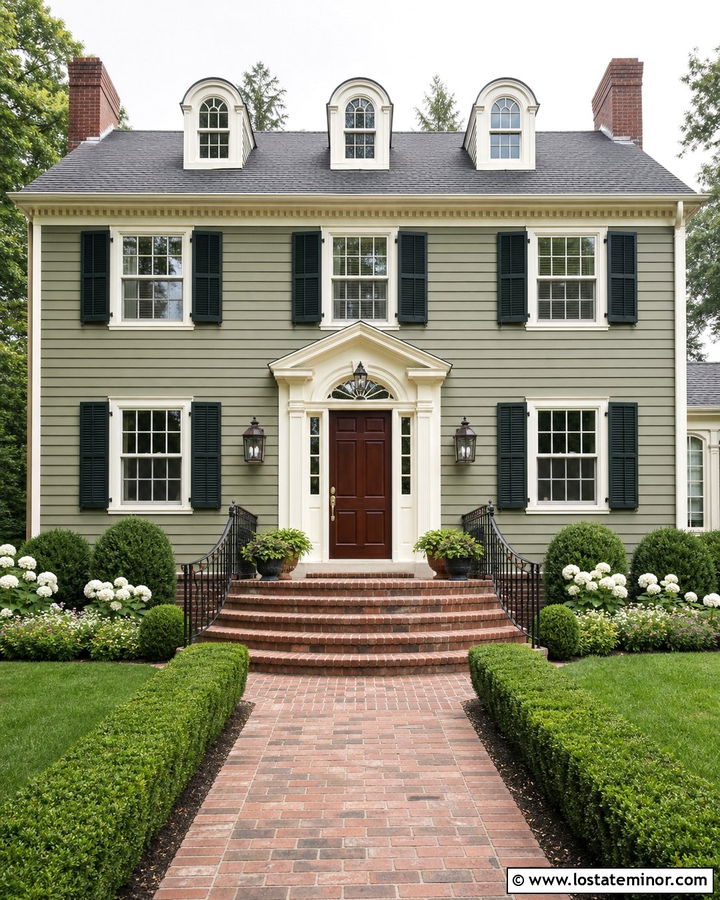 Sage Green House With Curved Brick Steps - 30 Sage Green House Design With Steps Ideas