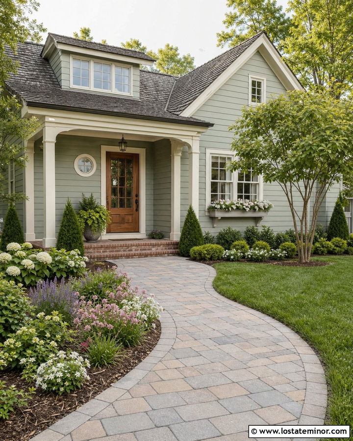 Sage Green House With Curved Paver Walkway - 30 Sage Green House Design With Walkway Ideas