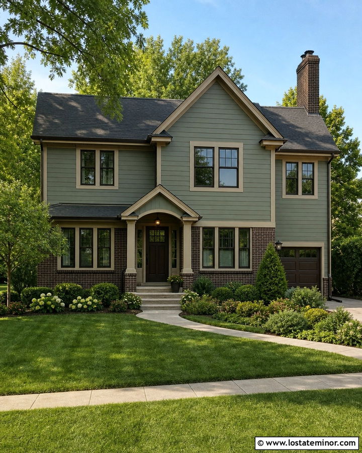 Sage Green House With Dark Brick Accents - 30 Sage Green House Design With Accents Ideas