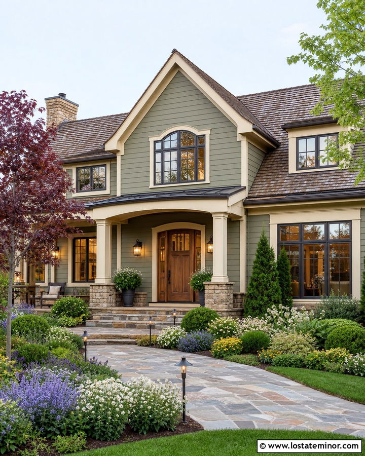 Sage Green House With Dark Bronze Path Lights - 30 Sage Green House Design With Light Fixtures Ideas