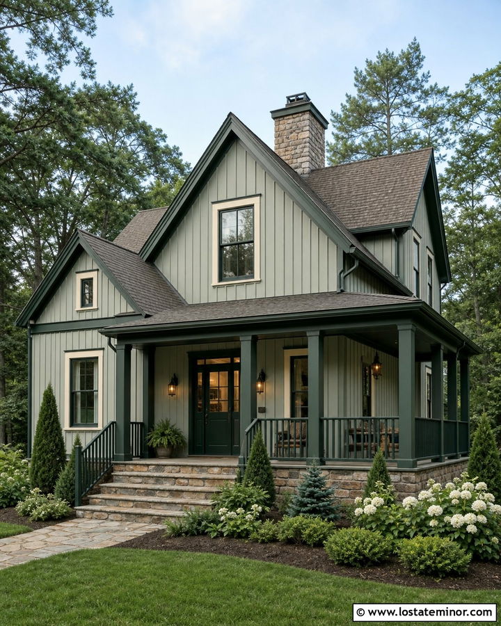 Sage Green House With Dark Green Porch Columns - 30 Sage Green House Design With Porch Columns Ideas
