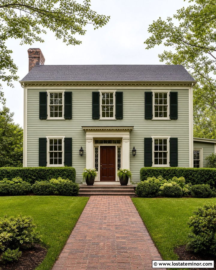 Sage Green House With Dark Green Shutters - 30 Sage Green House Design With Shutters Ideas