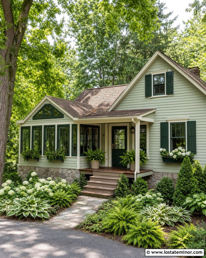Sage Green House With Dark Green Sunroom Trim - 30 Sage Green House Design With Sunroom Ideas