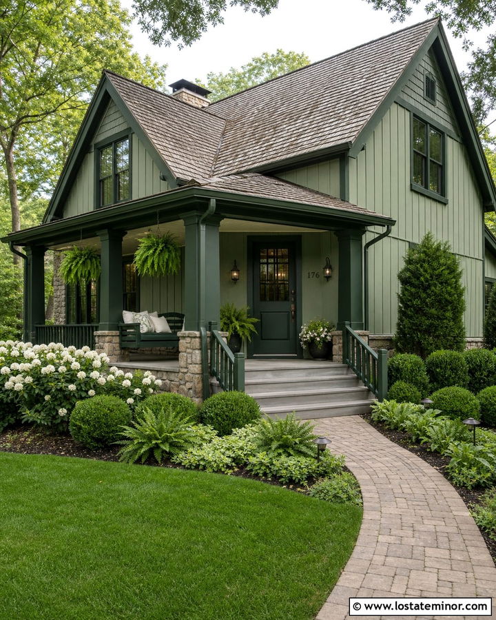Sage Green House With Dark Green Trim And Swing - 30 Sage Green House Design With Swing Ideas