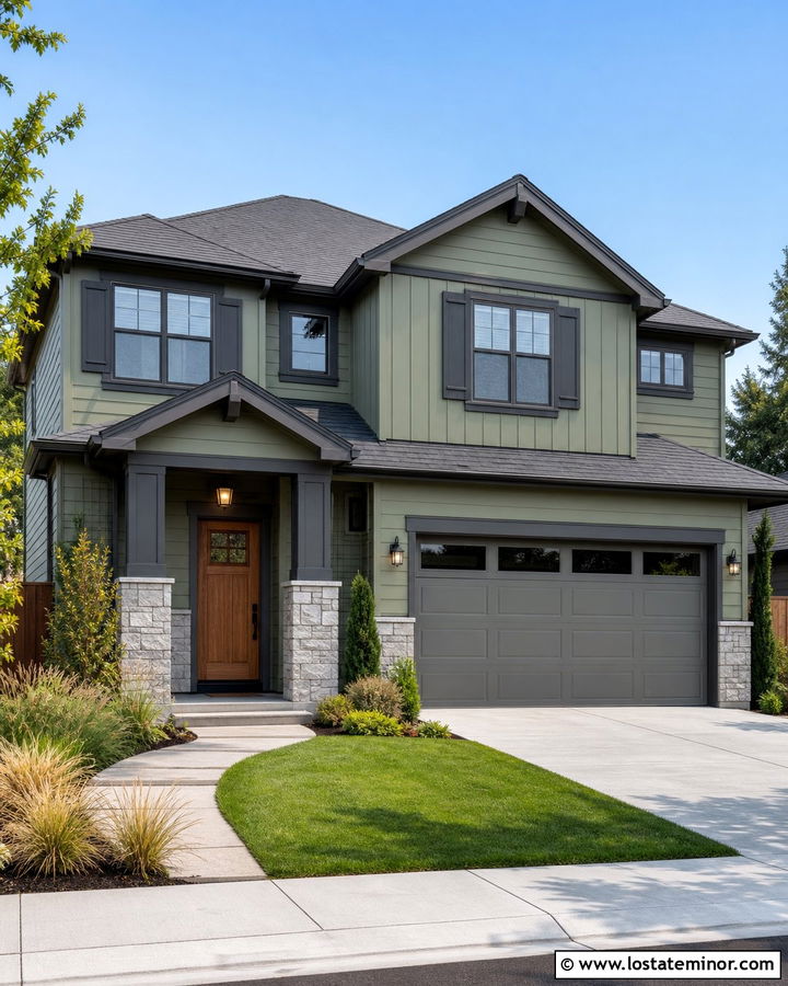 Sage Green House With Dark Trim And Gray Roof - 30 Sage Green House Design With Trim Ideas