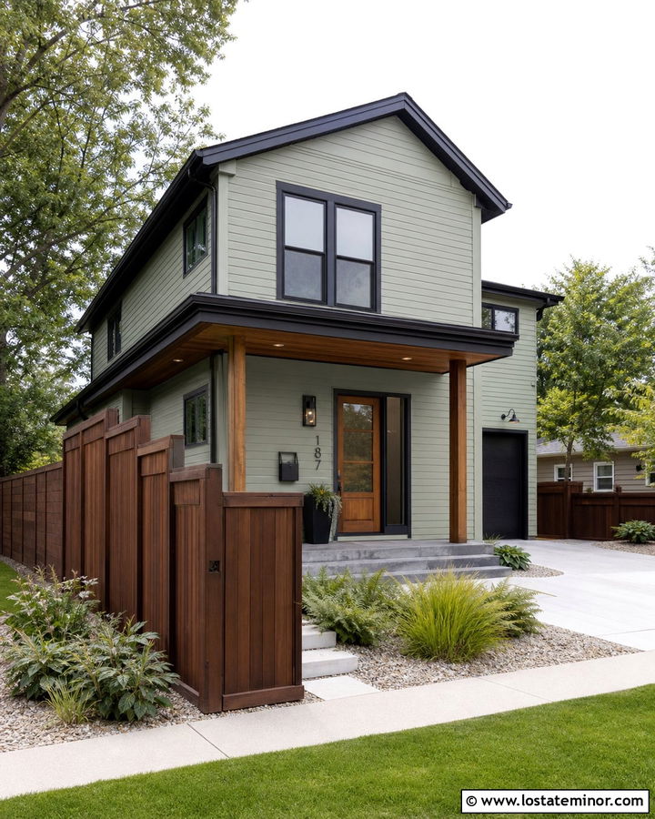 Sage Green House With Dark Walnut Privacy Fence - 30 Sage Green House Design With Fence Ideas