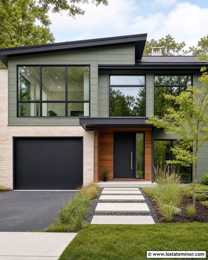 Sage Green House With Dark Window Frames And Large Windows - 30 Sage Green House Design With Window Frames Ideas