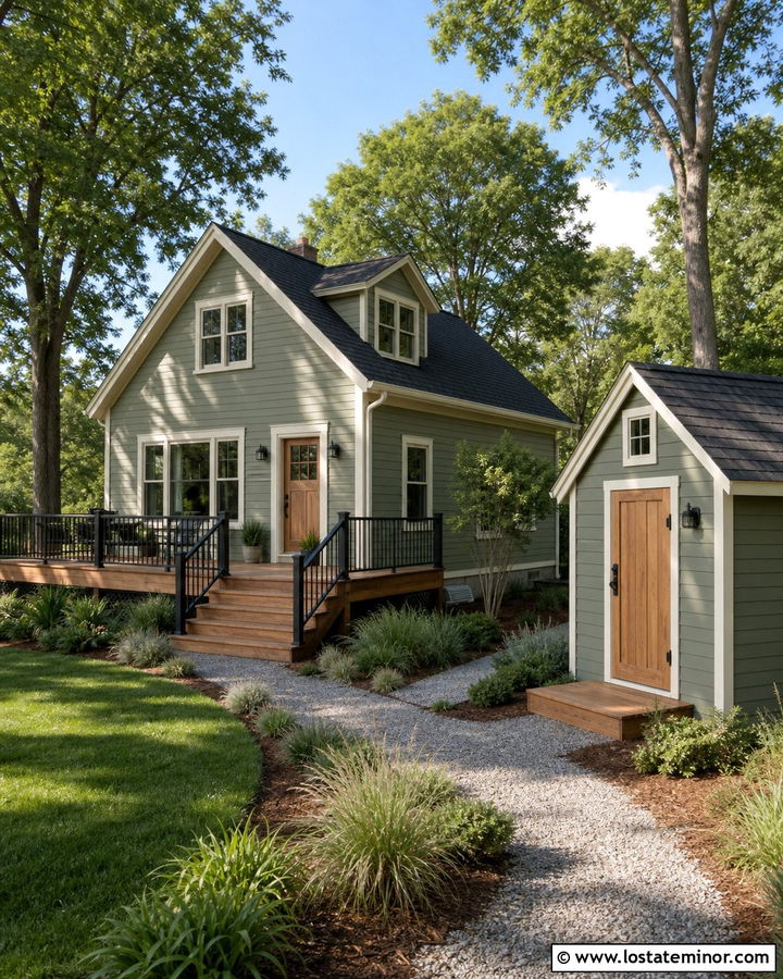 Sage Green House With Deck And Matching Shed - 30 Sage Green House Design With Deck Ideas