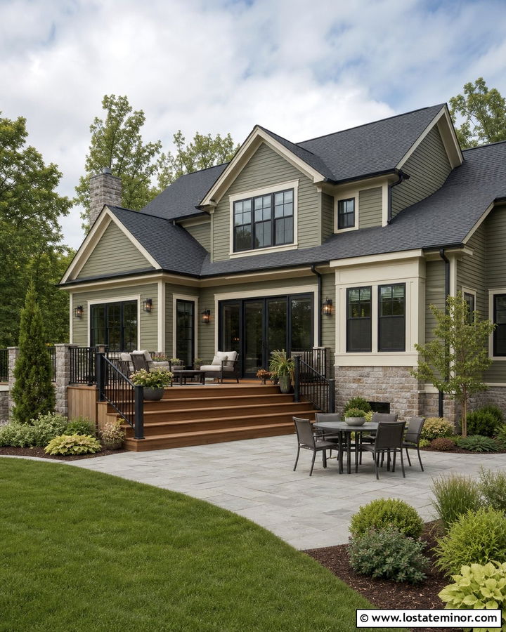 Sage Green House With Deck And Stone Patio - 30 Sage Green House Design With Deck Ideas
