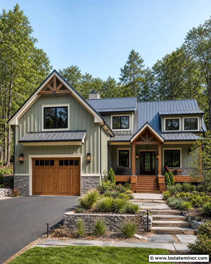 Sage Green House With Deck Step Lights - 30 Sage Green House Design With Lighting Ideas