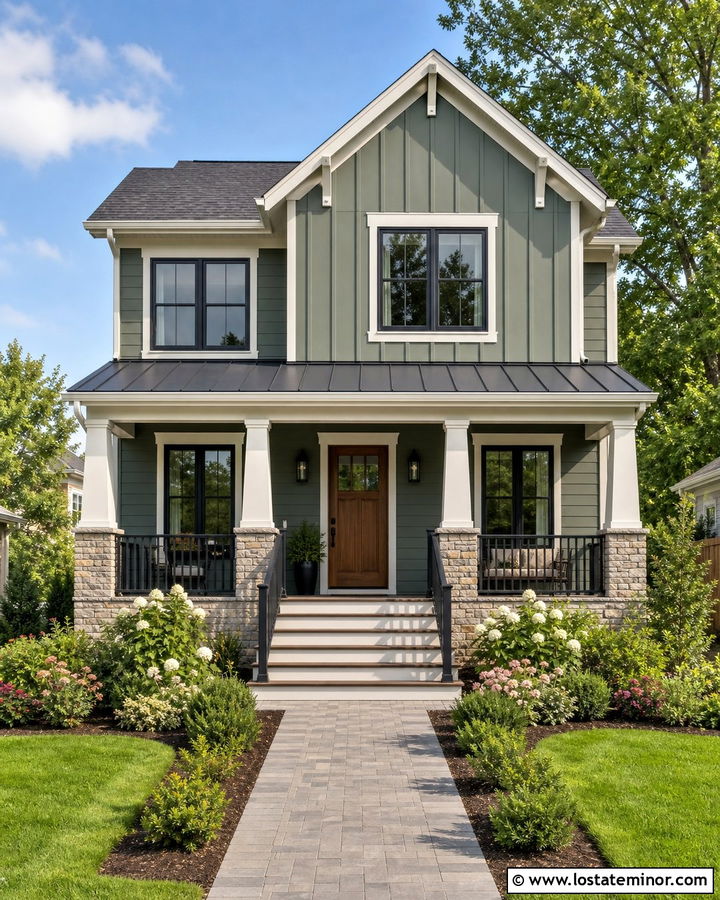 Sage Green House With Deep Porch Awning - 30 Sage Green House Design With Awning Ideas