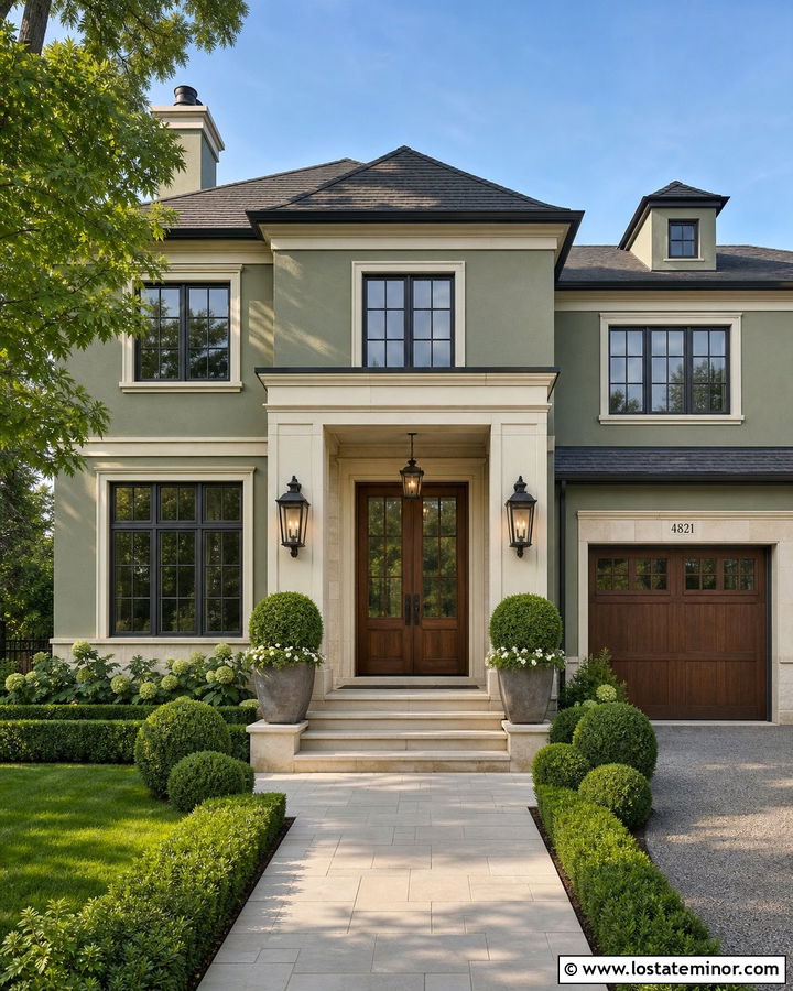 Sage Green House With Double Door Lanterns - 30 Sage Green House Design With Lighting Ideas