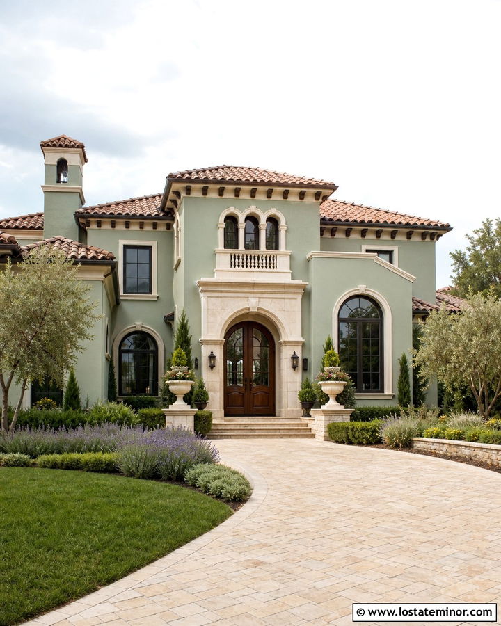 Sage Green House With Double Wood Entry Doors - 30 Sage Green House Design With Entry Door Ideas