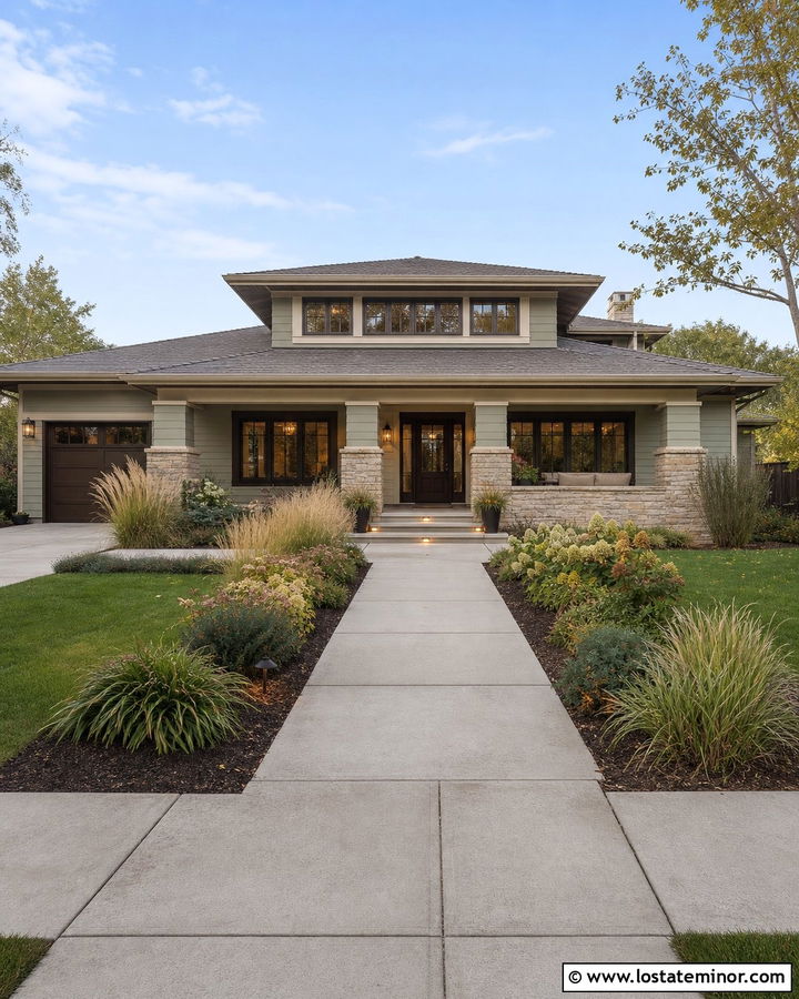 Sage Green House With Eave Wash Lights - 30 Sage Green House Design With Lighting Ideas