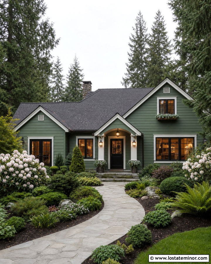 Sage Green House With Evergreen Front Yard - 30 Sage Green House Design With Front Yard Ideas
