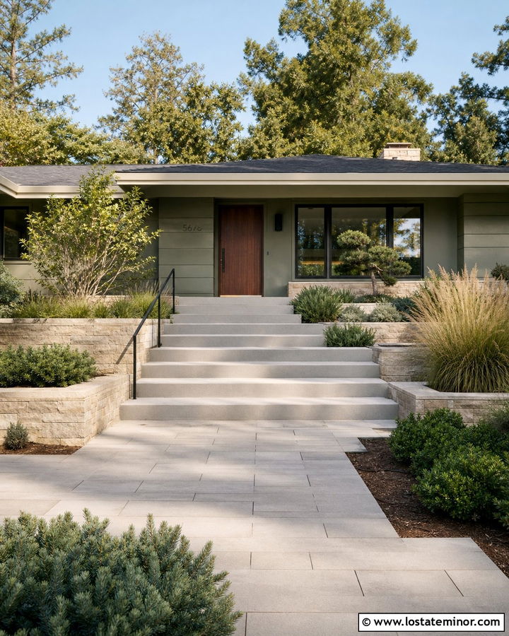 Sage Green House With Extra Wide Concrete Steps - 30 Sage Green House Design With Steps Ideas
