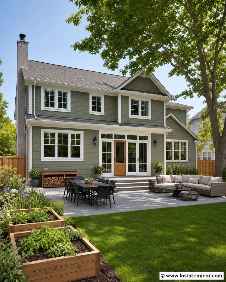 Sage Green House With Family Lawn And Patio - 30 Sage Green House Design With Backyard Ideas