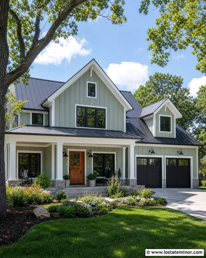 Sage Green House With Farmhouse Barn Lights - 30 Sage Green House Design With Lighting Ideas