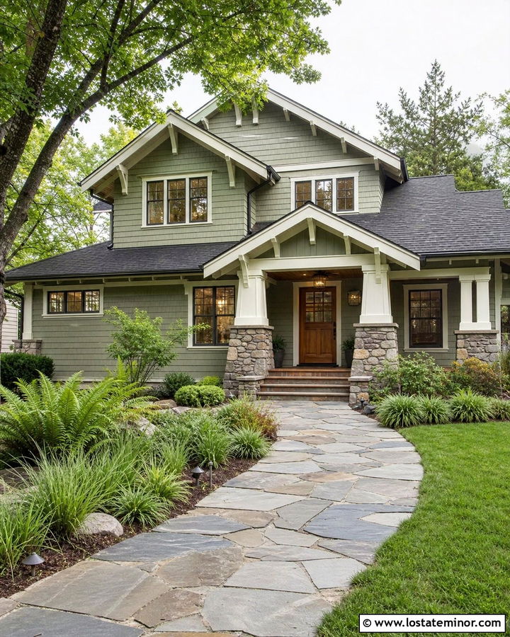 Sage Green House With Flagstone Walkway - 30 Sage Green House Design With Walkway Ideas