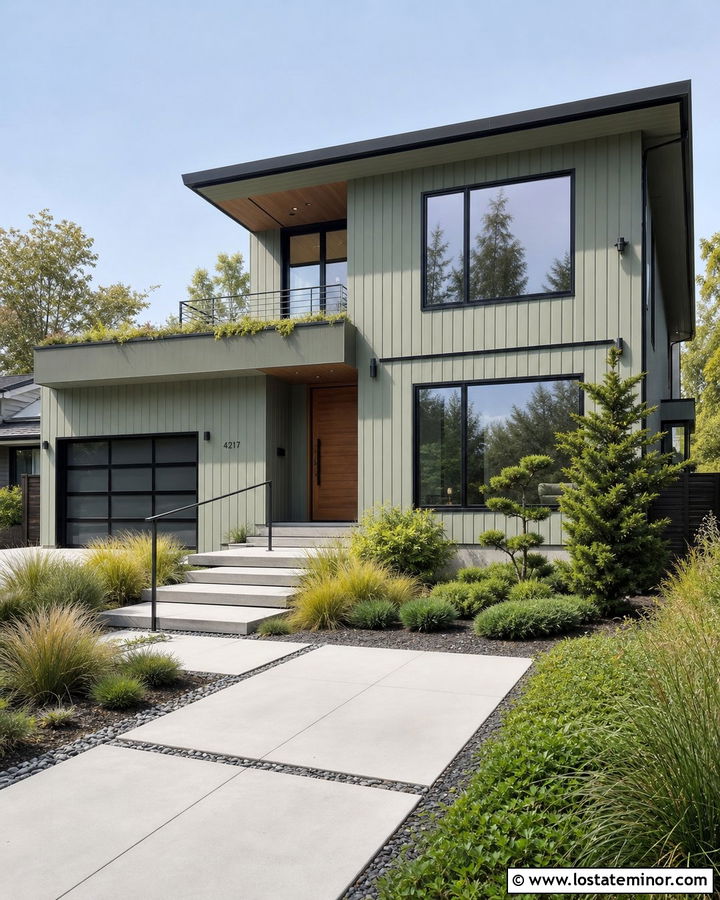 Sage Green House With Floating Concrete Steps - 30 Sage Green House Design With Steps Ideas