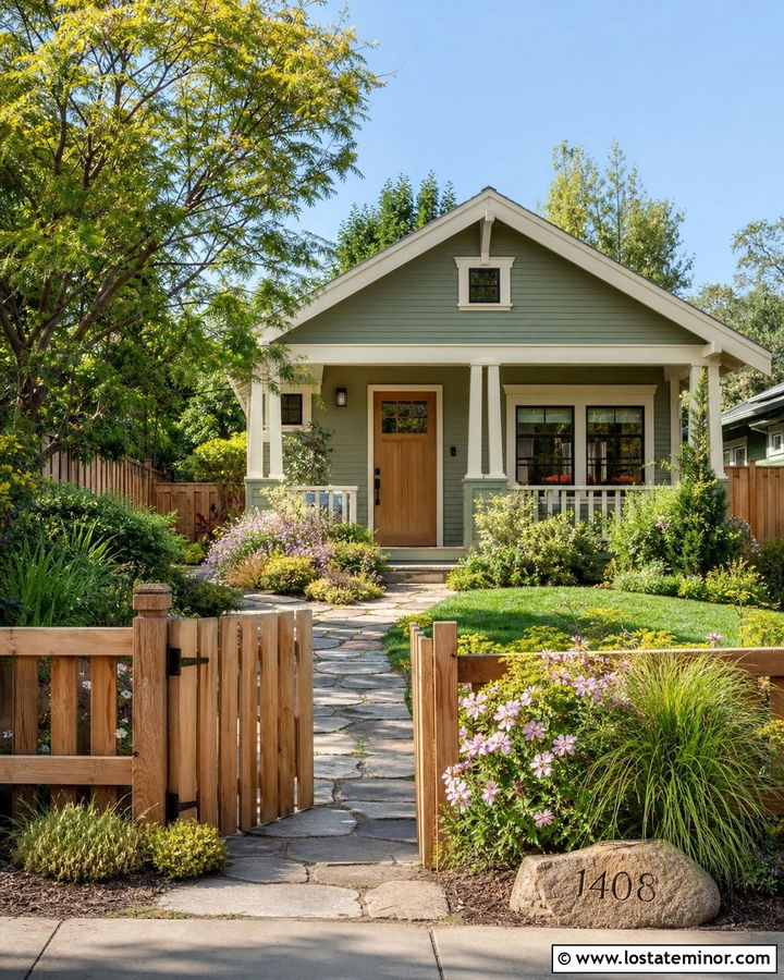 Sage Green House With Front Gate Walkway - 30 Sage Green House Design With Walkway Ideas