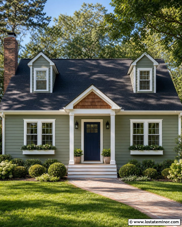 Sage Green House With Gabled Door Awning - 30 Sage Green House Design With Awning Ideas