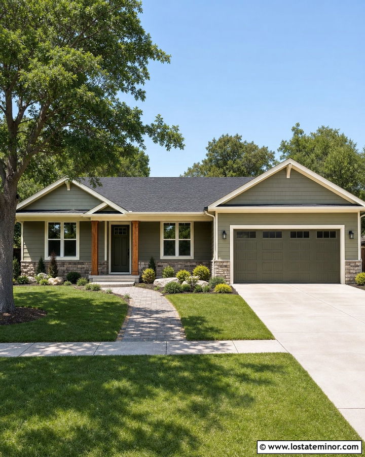 Sage Green House With Garage And Matching Door - 30 Sage Green House Design With Entry Door Ideas