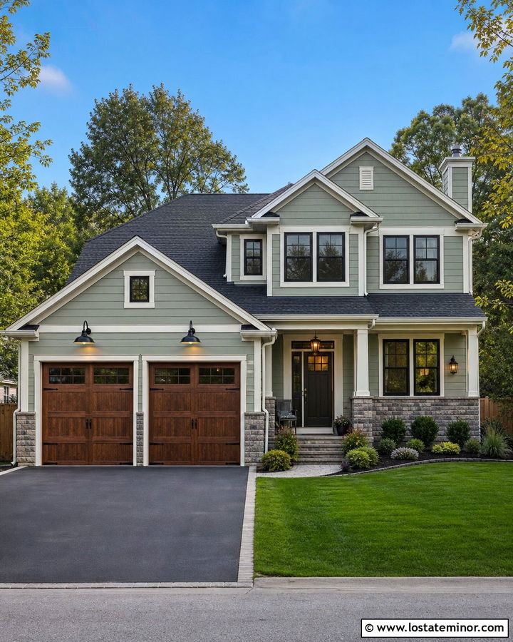 Sage Green House With Garage Coach Lights - 30 Sage Green House Design With Lighting Ideas