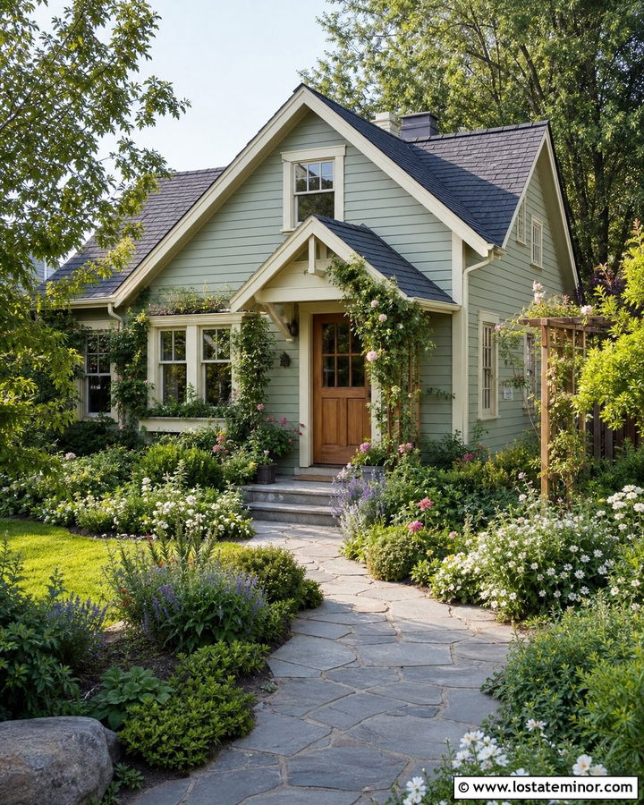 Sage Green House With Garden Walkway - 30 Sage Green House Design With Walkway Ideas