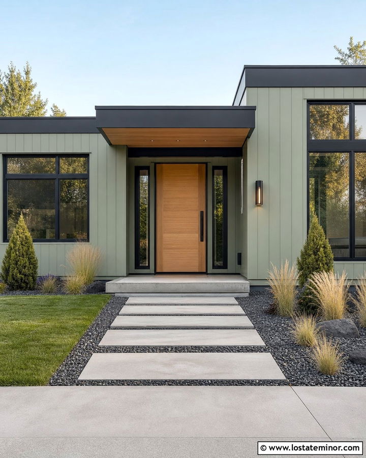 Sage Green House With Geometric Walkway - 30 Sage Green House Design With Walkway Ideas