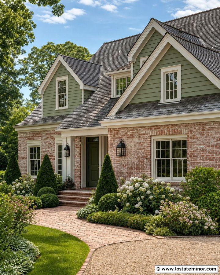 Sage Green House With German Schmear Brick - 30 Sage Green House Design With Brick Accents Ideas