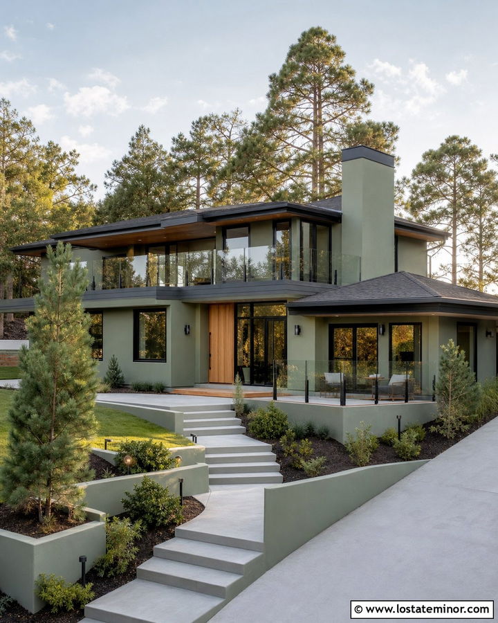 Sage Green House With Glass Panel Railings - 30 Sage Green House Design With Railings Ideas