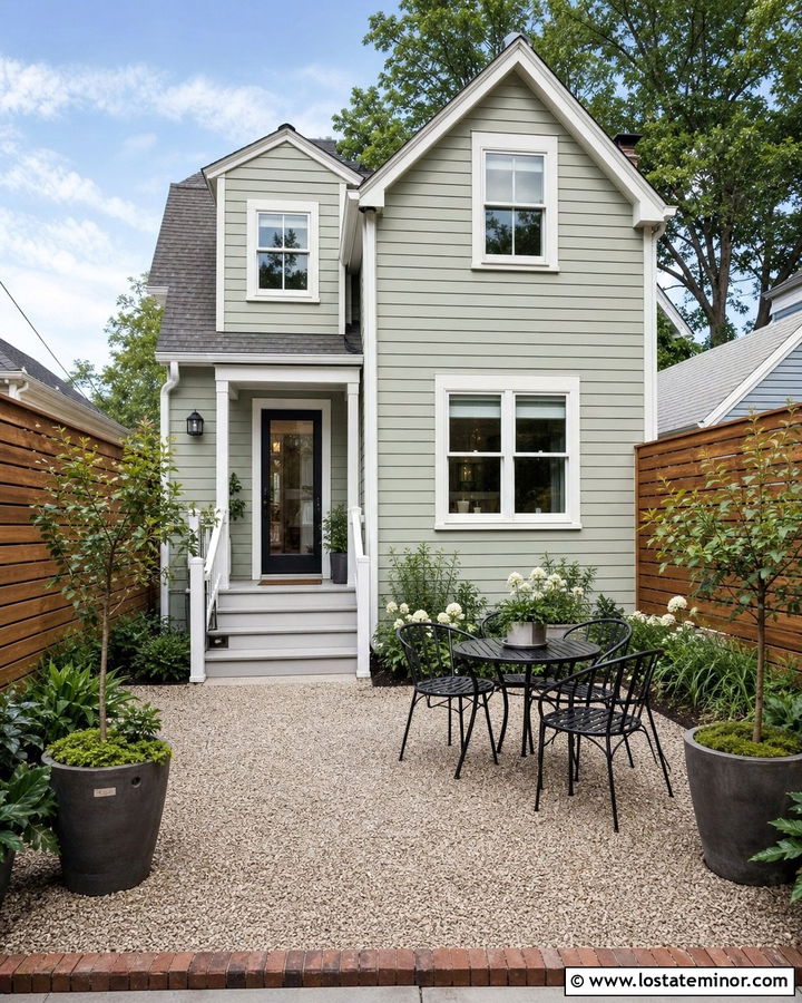 Sage Green House With Gravel Courtyard - 30 Sage Green House Design With Backyard Ideas