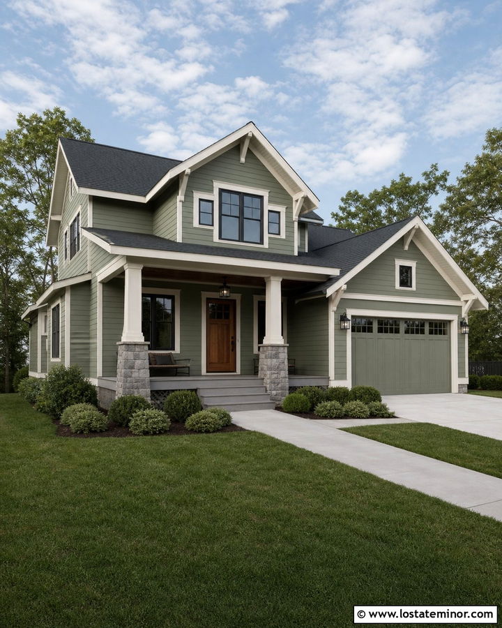 Sage Green House With Gray Stained Wood Porch Ceiling - 30 Sage Green House Design With Porch Ceiling Ideas