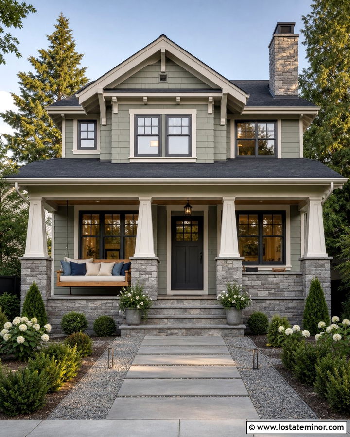 Sage Green House With Gray Stone And Daybed - 30 Sage Green House Design With Daybed Ideas