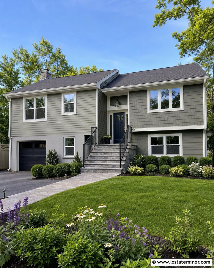 Sage Green House With Gray Stone Steps - 30 Sage Green House Design With Steps Ideas