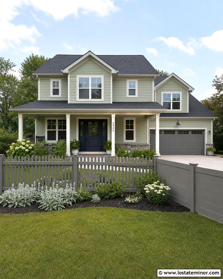 Sage Green House With Gray Vinyl Fence - 30 Sage Green House Design With Fence Ideas