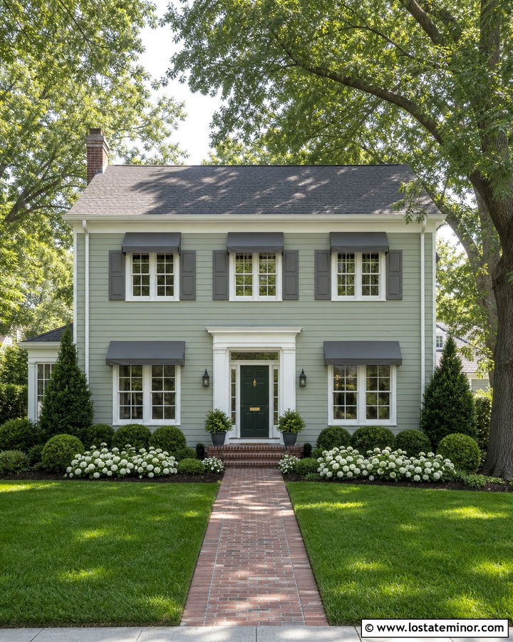 Sage Green House With Gray Window Awnings - 30 Sage Green House Design With Awning Ideas