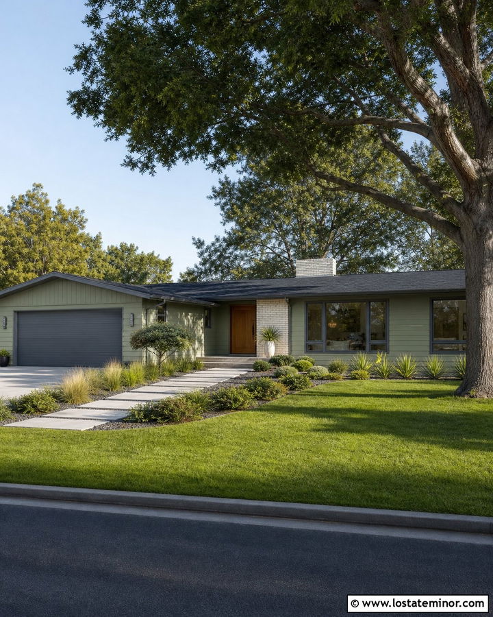 Sage Green House With Gray Window Frames And A Wood Door - 30 Sage Green House Design With Window Frames Ideas