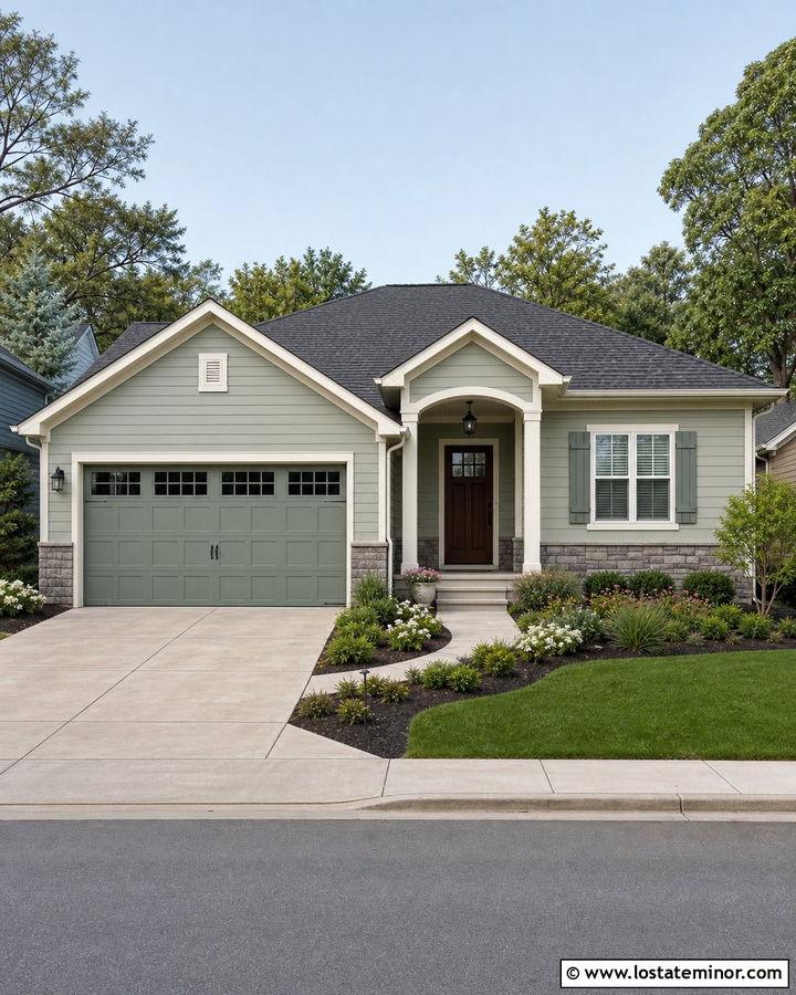 Sage Green House With Green Gray Garage Door - 30 Sage Green House Design With Garage Door Ideas
