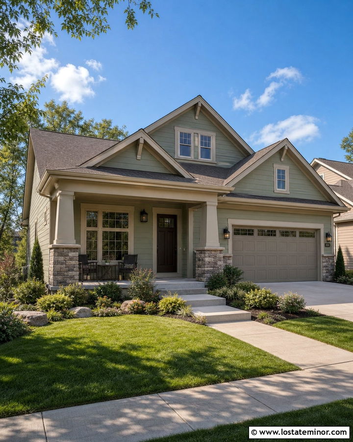 Sage Green House With Greige Trim And Stone Porch - 30 Sage Green House Design With Trim Ideas